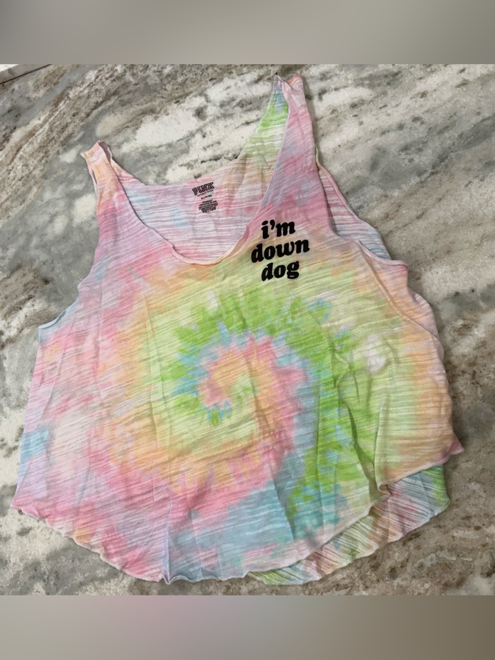VS Pink Tie-Dye Scoop Neck Tank Top with 'i'm down dog' Print - Pastel Rainbow